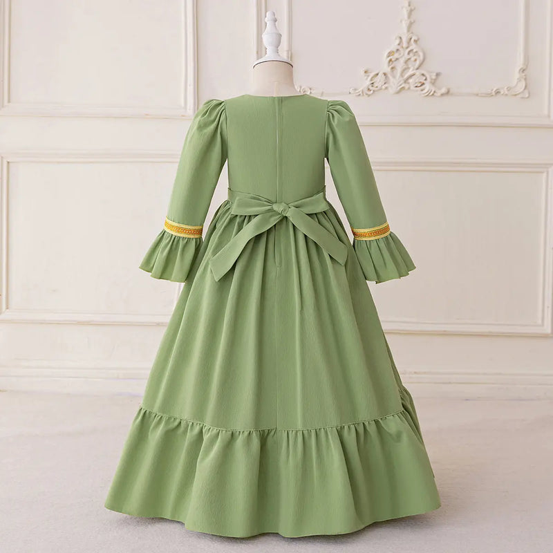 Girls Green Long Sleeves Maxi Dress With Golden Elegant Embroidery Casual Dresses