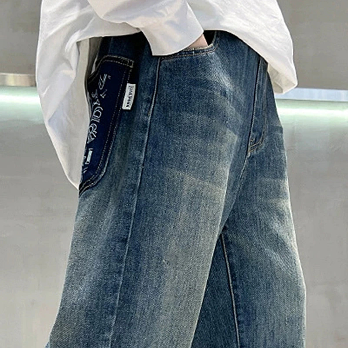 Boys Blue Typographic Patch Pocket Loose Fit Denim Jeans Pants
