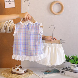Girls Purple Checked Sleeveless Top With Shorts Sets Sets