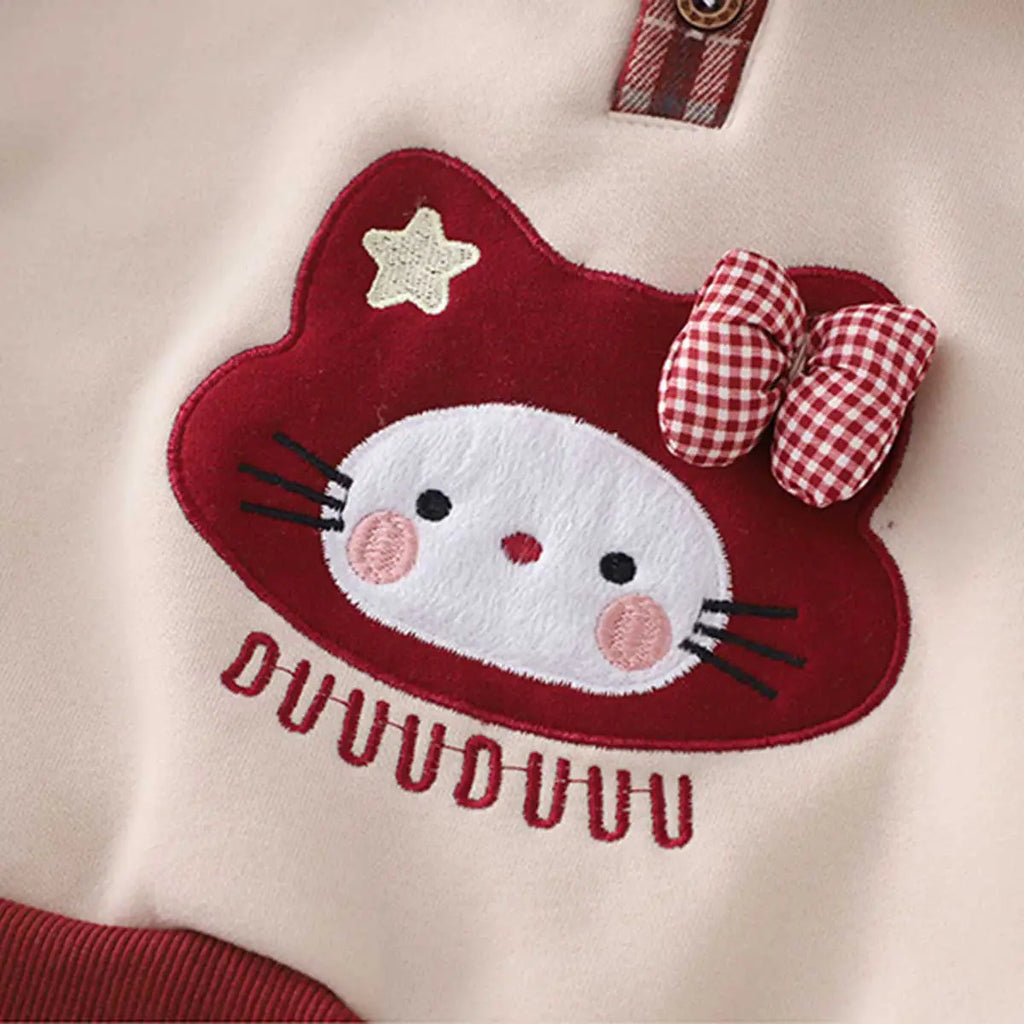 Girls Beige Cat Applique Polo Sweatshirt With Pants Set Sets