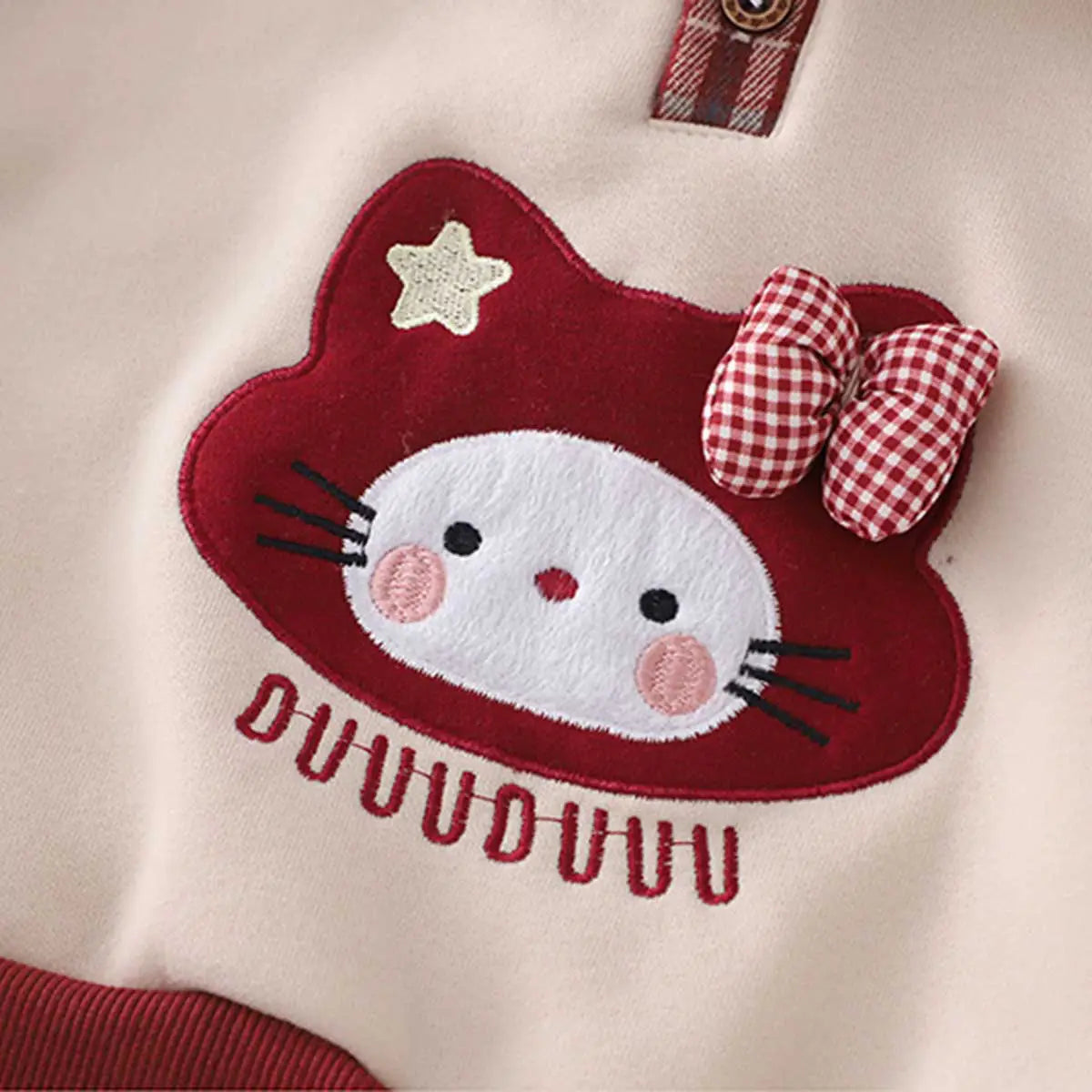 Girls Beige Cat Applique Polo Sweatshirt With Pants Set Sets