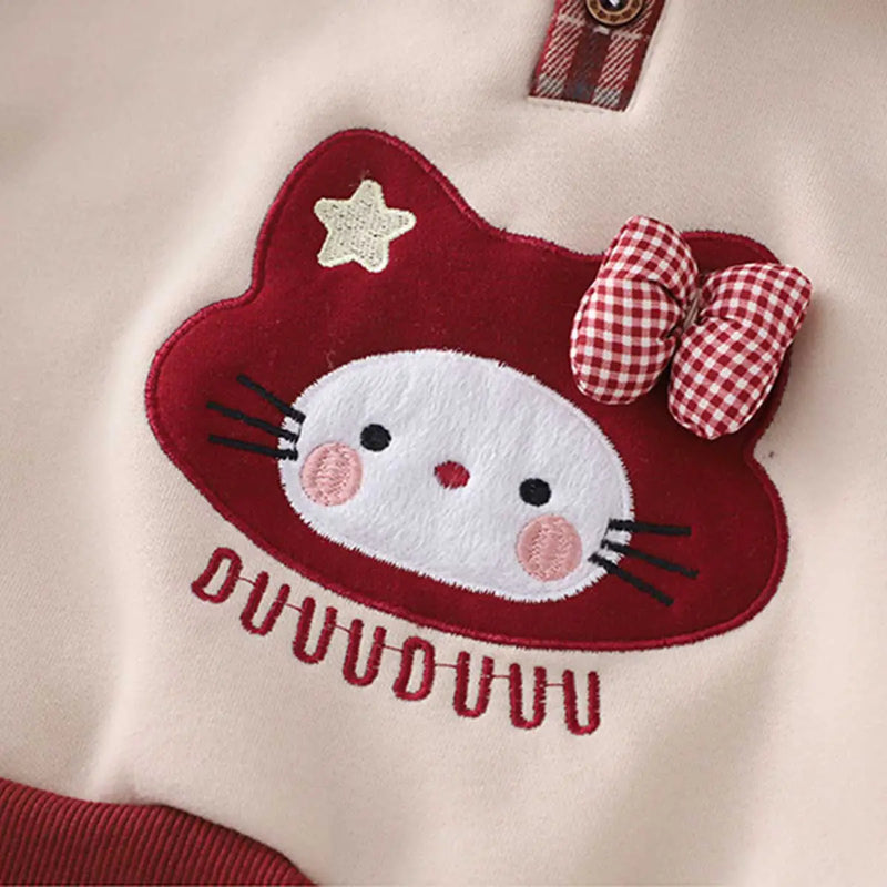 Girls Beige Cat Applique Polo Sweatshirt With Pants Set Sets
