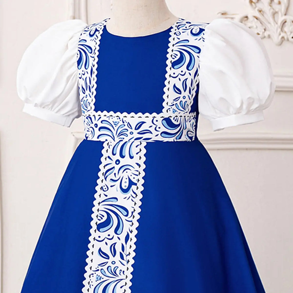 Girls Blue Ethnic Motifs Printed Trims Maxi Dress With Puff Sleeves Casual Dresses