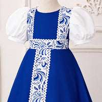 Girls Blue Ethnic Motifs Printed Trims Maxi Dress With Puff Sleeves Casual Dresses