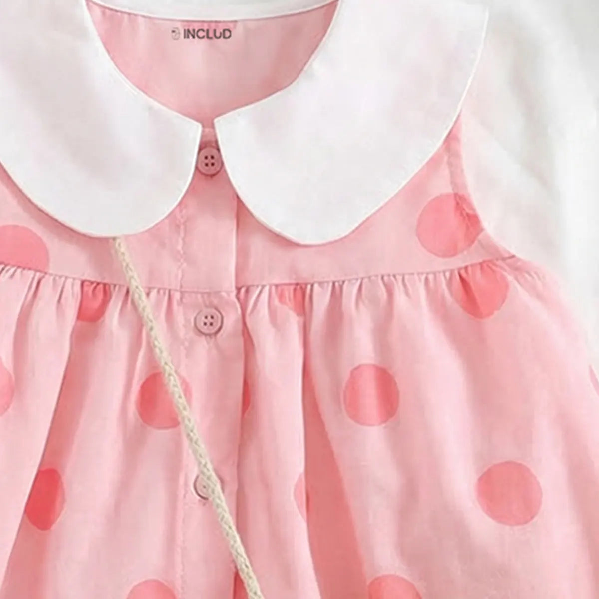 Girls Pink Polka Dot Print A-line Dress With Straw Sling Bag Casual Dresses