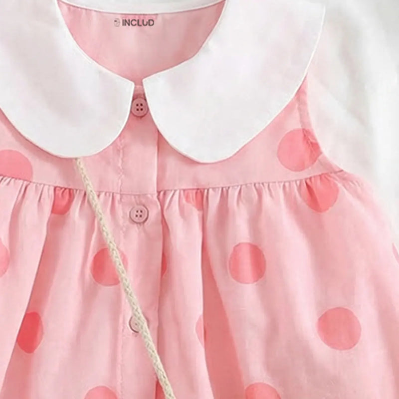 Girls Pink Polka Dot Print A-line Dress With Straw Sling Bag Casual Dresses