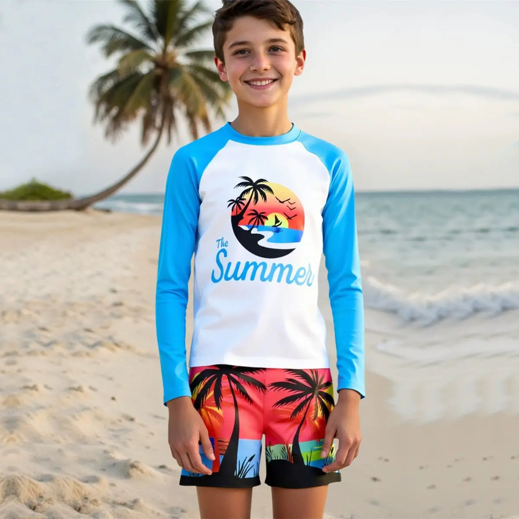 Boys Light Blue Tropical Printed Long Sleeves T-Shirt & Shorts Swimsuit Sets Sets