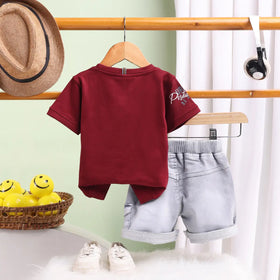 Boys Maroon Graphics Short Sleeve T-Shirt With Elasticated Shorts Sets 2 pc. Sets
