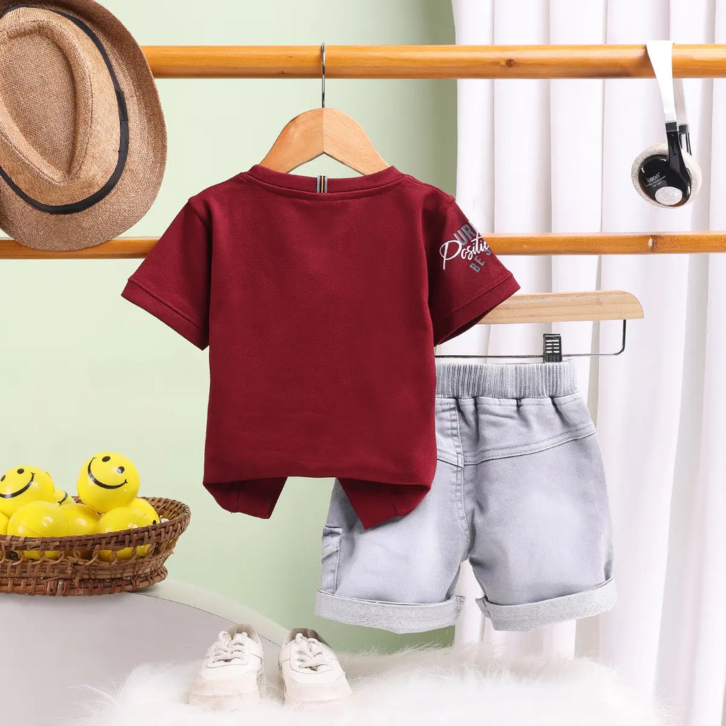Boys Maroon Graphics Short Sleeve T-Shirt With Elasticated Shorts Sets 2 pc. Sets