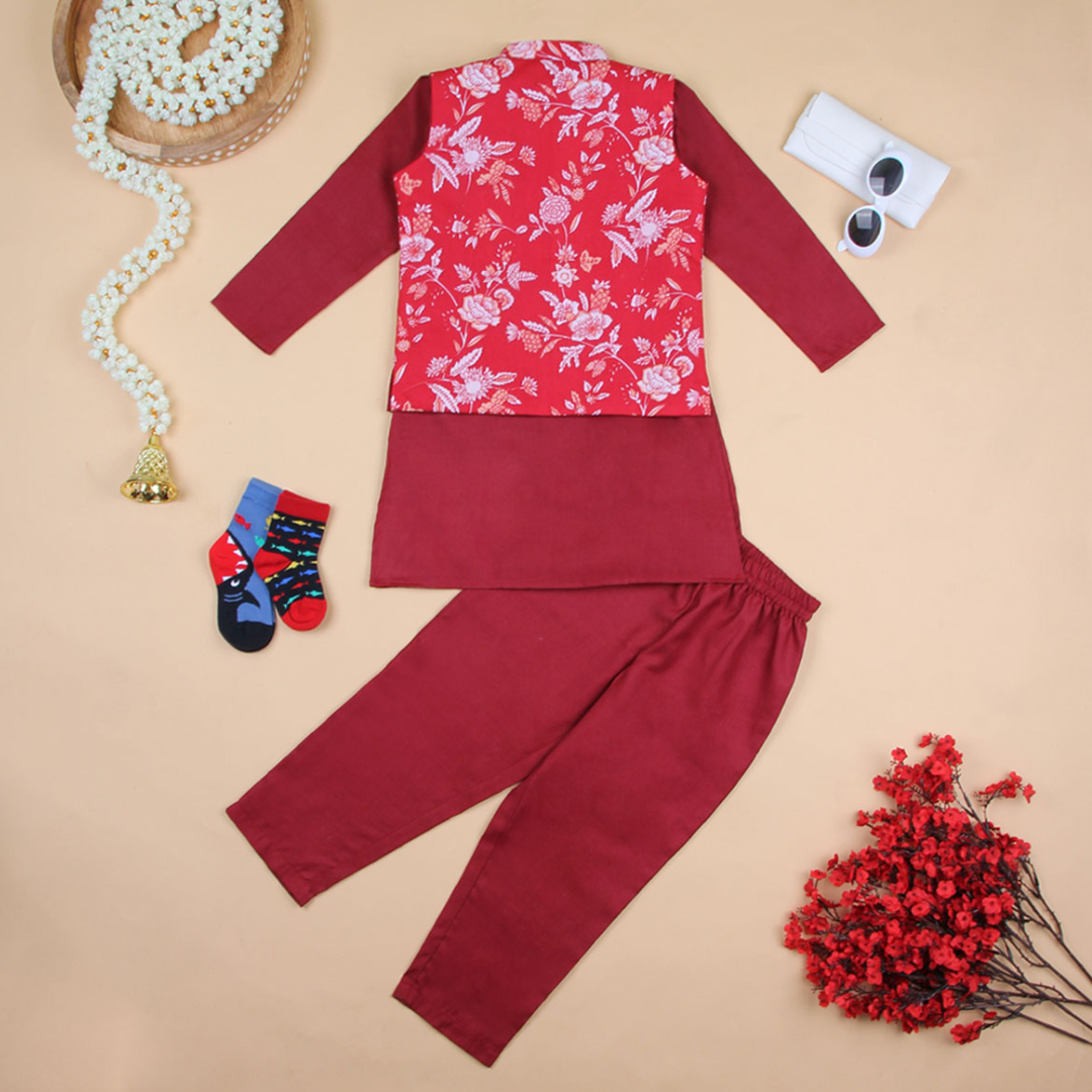 Boys Red Floral Printed Pyjama Set Ethnic Gift Hamper Sets