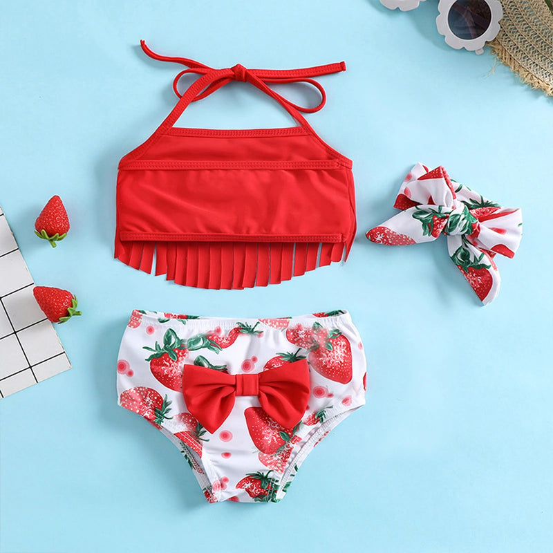 Girls Red Halter Top With Strawberry Print Briefs & Headband Swimwear Sets Sets