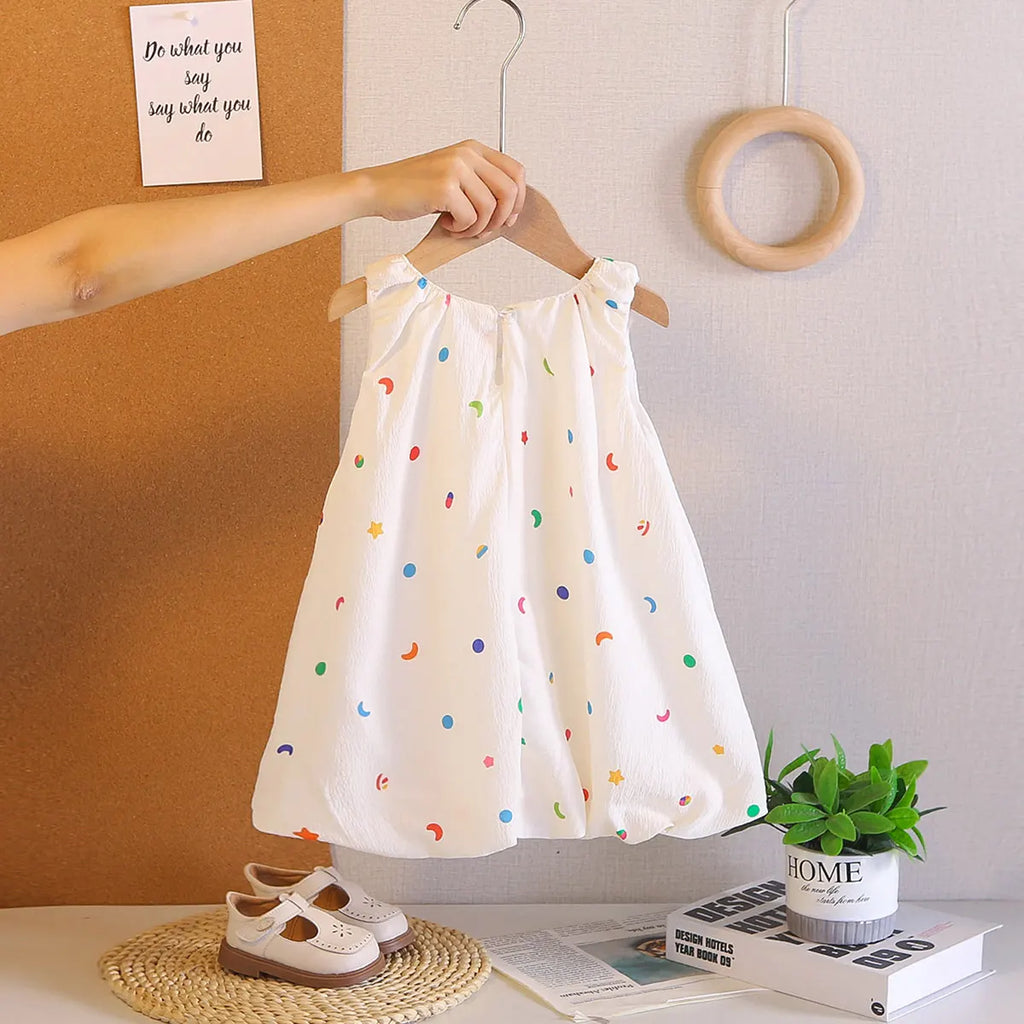 Girls Off White Printed Sleeveless Balloon Dress With Rabbit Appliqued Casual Dresses