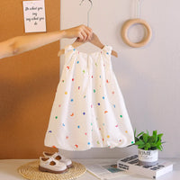 Girls Off White Printed Sleeveless Balloon Dress With Rabbit Appliqued Casual Dresses