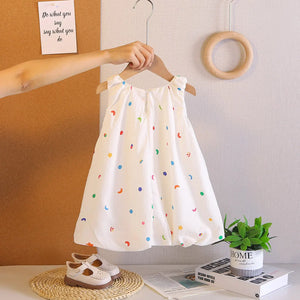 Girls Off White Printed Sleeveless Balloon Dress With Rabbit Appliqued Casual Dresses