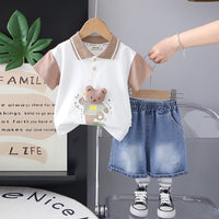 Boys Khaki Bear Printed Polo T-Shirt With Denim Shorts Set 2 pc. Sets Khaki 1-2 Y