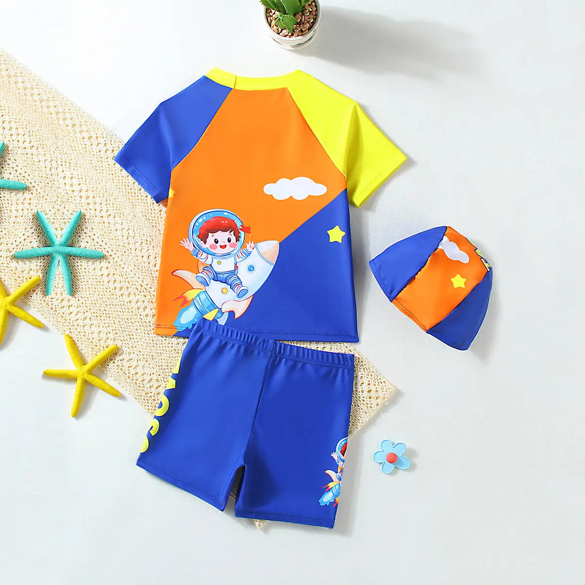 Boys Multicolor Space Themed T-Shirt With Shorts & Swim Cap Sets Beachwear