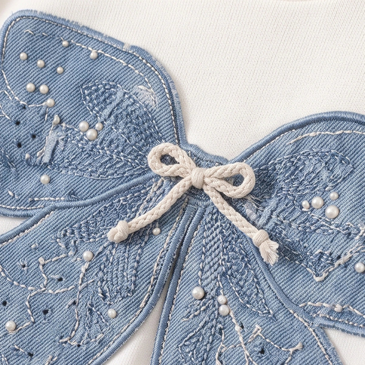 Girls White Bow Applique Sweatshirt With Denim Skirt Sets 2 pc. Sets