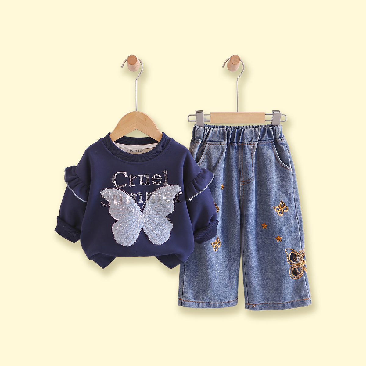 Girls Navy Butterfly Embellished Sweatshirt & Denim Pants Sets Sets Navy Blue 1-2 Y