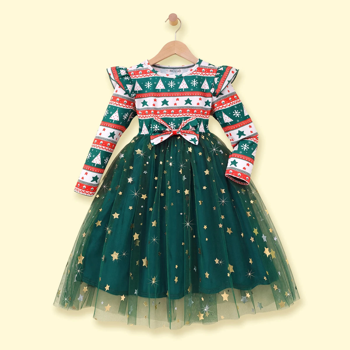 Girls Green Christmas Tree Printed Fit & Flare Dress Casual Dresses Green 3-4 Y