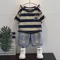 Boys Blue Short Sleeve Striped T-Shirt With Distressed Denim Shorts Sets 2 pc. Sets Blue 1-2 Y