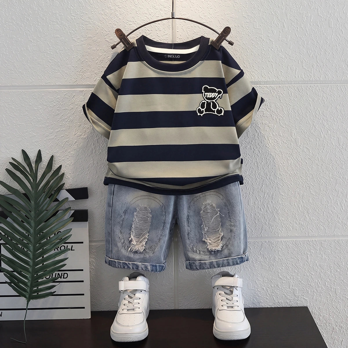 Boys Blue Short Sleeve Striped T-Shirt With Distressed Denim Shorts Sets 2 pc. Sets Blue 1-2 Y