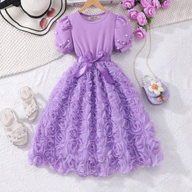 Girls Purple Rose Appliqued Puff Sleeves Fit And Flared Dress Casual Dresses Purple 7-8 Y