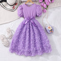 Girls Purple Rose Appliqued Puff Sleeves Fit And Flared Dress Casual Dresses Purple 7-8 Y