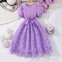 Girls Purple Rose Appliqued Puff Sleeves Fit And Flared Dress Casual Dresses Purple 7-8 Y
