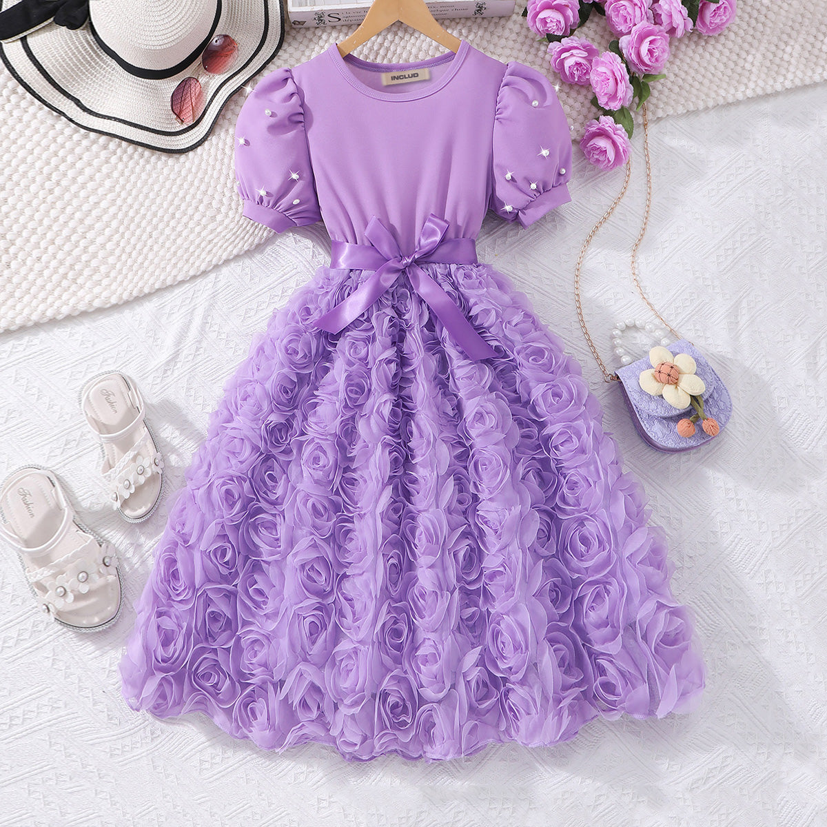 Girls Purple Rose Appliqued Puff Sleeves Fit And Flared Dress Casual Dresses Purple 7-8 Y