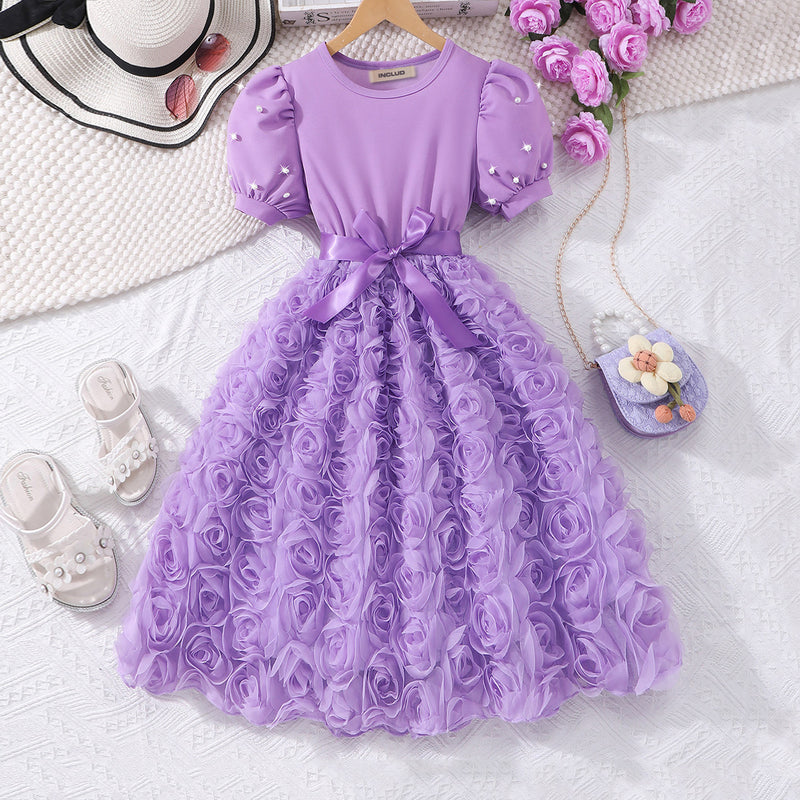 Girls Purple Rose Appliqued Puff Sleeves Fit And Flared Dress Casual Dresses Purple 7-8 Y