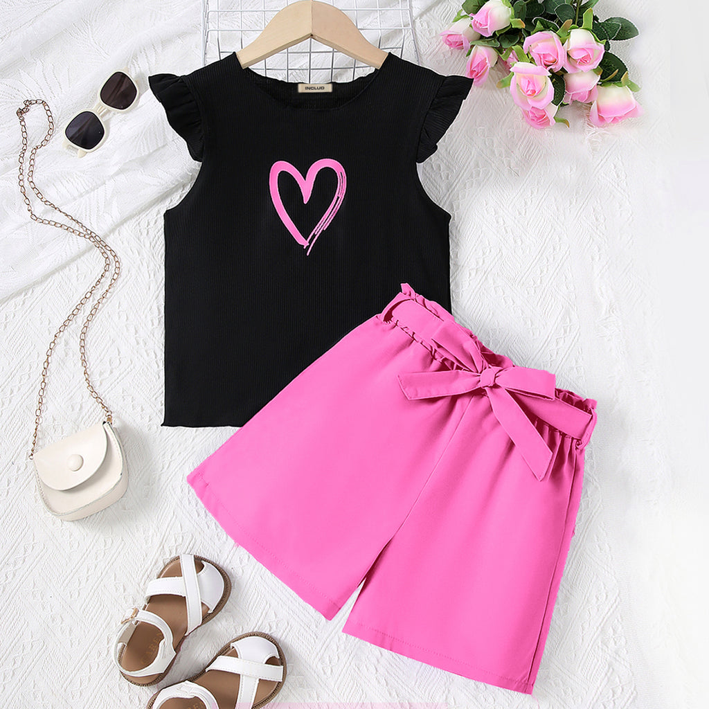 Girls Pink Heart Print Top With Shorts Set 2 pc. Sets Pink 8-9 Y