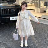 Girls Off White Embroidered Tiered Party Dress With Long Sleeves