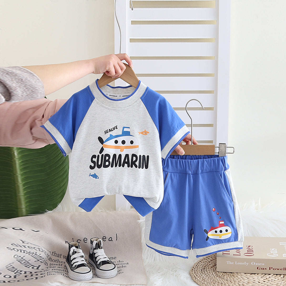 Boys Blue Submarine Printed Raglan Sleeves T-Shirt With Shorts Set 2 pc. Sets Blue 1-2 Y