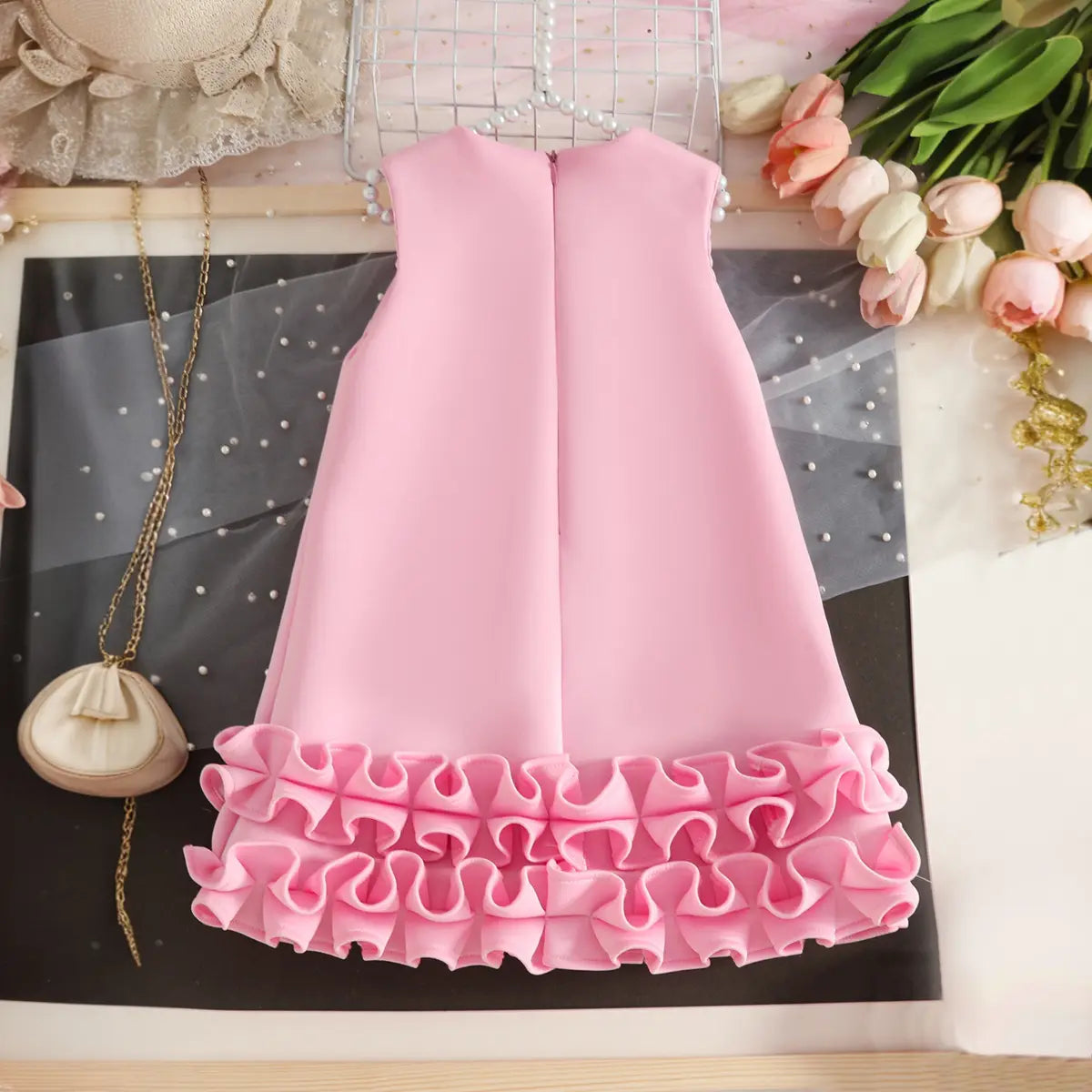 Girls Pink Sleeveless Large Bow Applique A-line Party Wear Dress Party Dresses