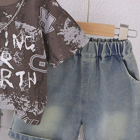 Boys Dark Brown Typographic Print T-Shirt With Denim Shorts Set Sets