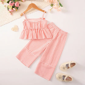 Girls Pink Stripes Sleeveless Peplum Top With Pants Co-ord Sets Sets