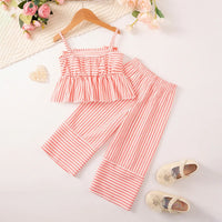 Girls Pink Stripes Sleeveless Peplum Top With Pants Co-ord Sets Sets