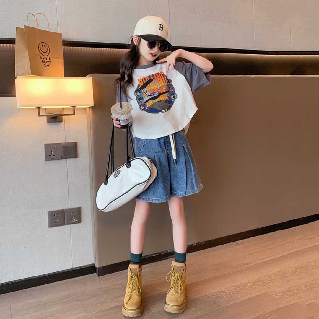 Girls Graphic Print T-Shirt With Denim Shorts Set Sets   
