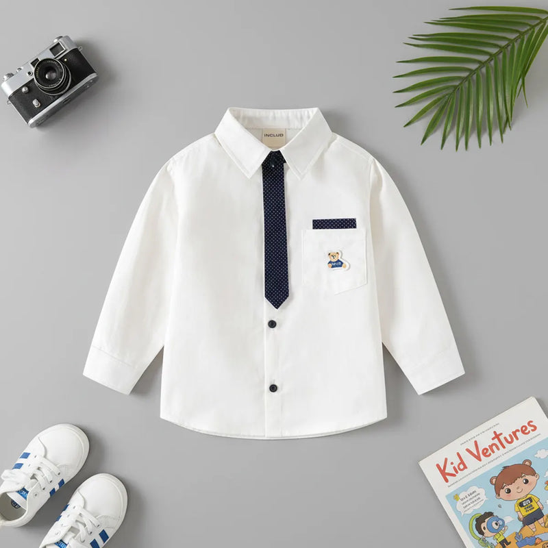 Boys White Long Sleeves Shirt With Attached Neck-tie Shirts White 1-2 Y