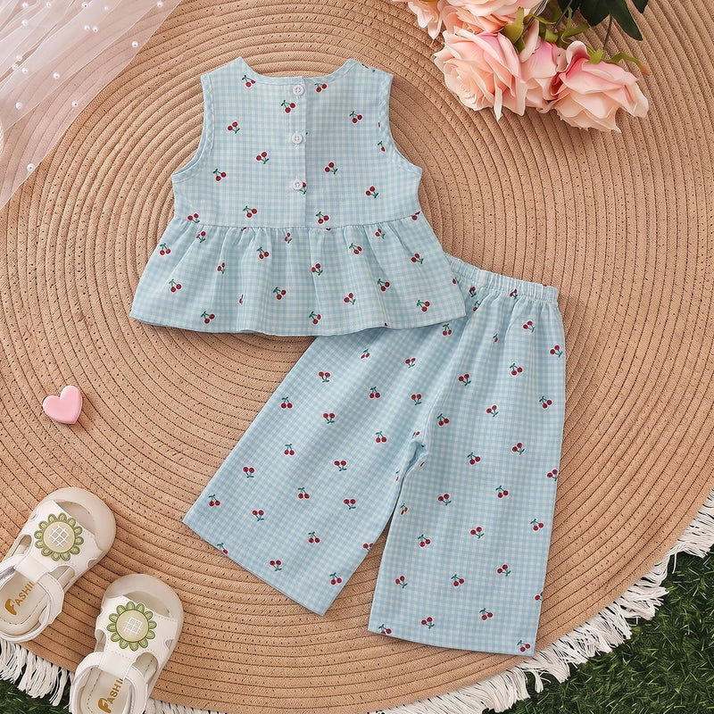 Girls Blue Sleeveless Cherry Print Peplum Top With Pants Sets 2 pc. Sets