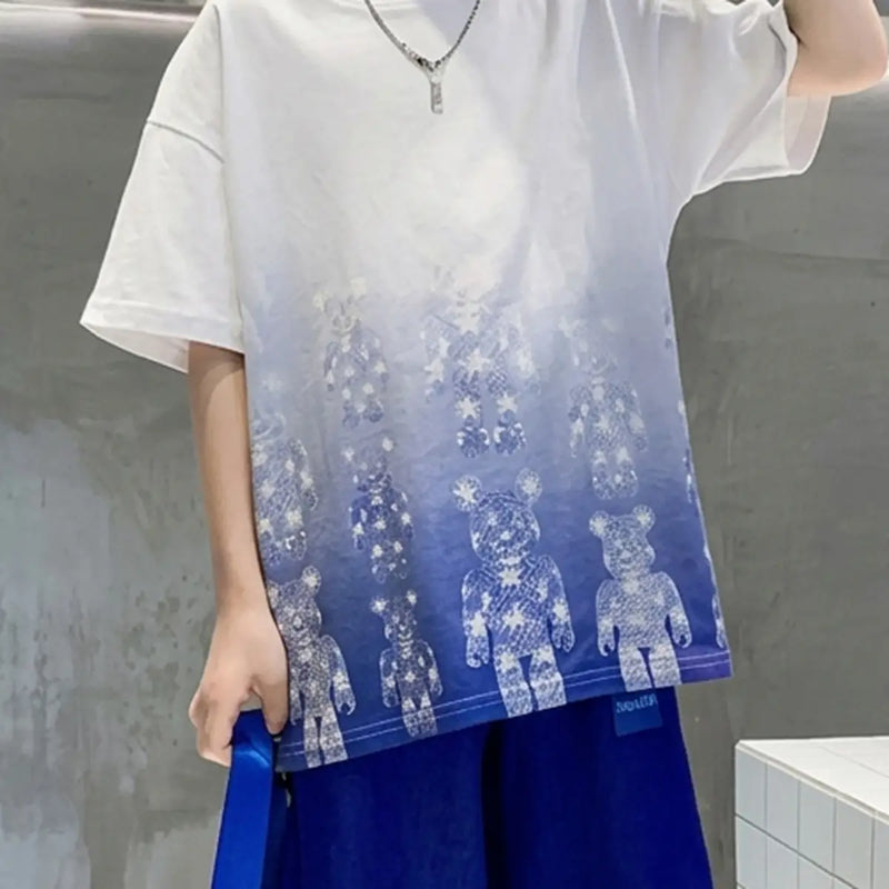 Boys Blue Bear Print Drop Shoulder T-Shirt With Jogger Sets Sets