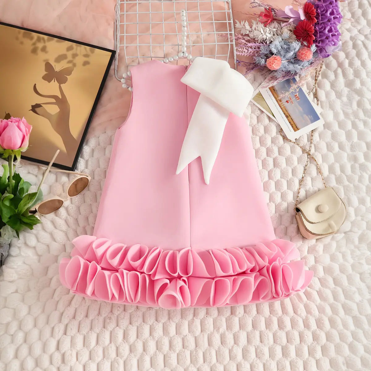 Girls Pink Sleeveless A-line Party Wear Dress With Bow Applique Party Dresses