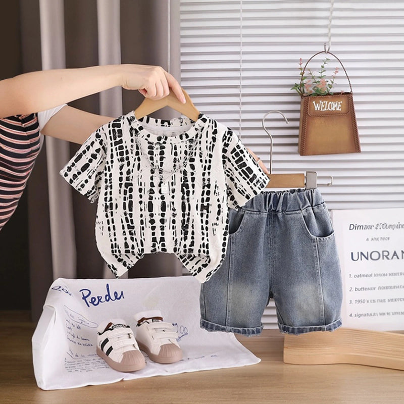 Boys Beige Abstract Printed Short Sleeve T-Shirt With Denim Shorts Sets 2 pc. Sets Beige 1-2 Y