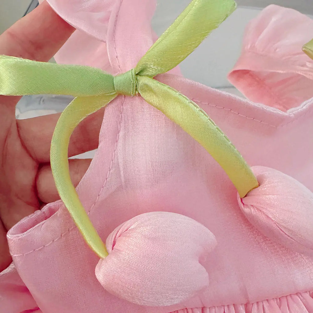 Girls Light Pink Sleeveless Balloon Dress with 3D Tulip Flower Casual Dresses