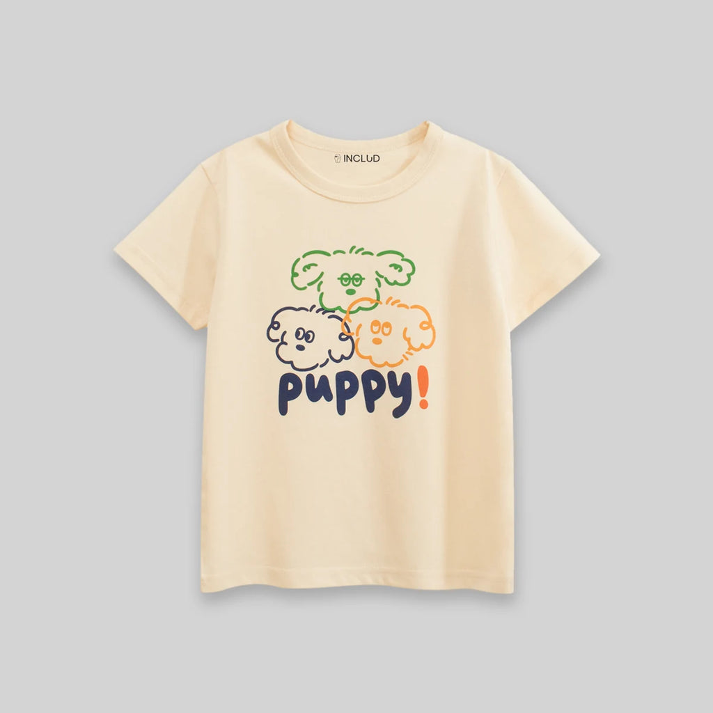 Boys Beige Puppy Print Short Sleeve T-Shirt Tshirts