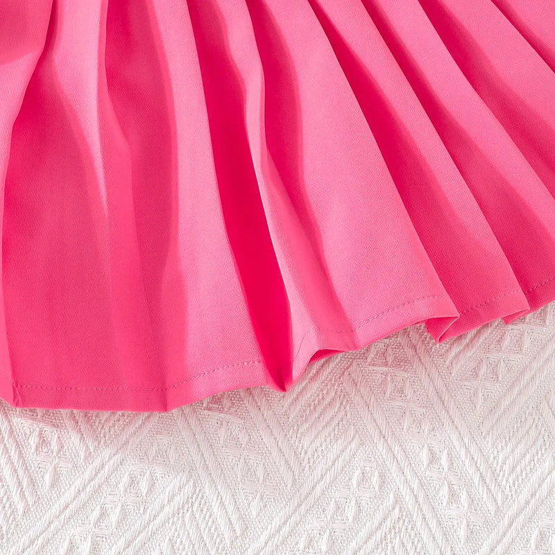 Girls Fuchsia Embellished Ruffled Blazer Vest With Pleated Skirt & Camisole Top Sets Sets