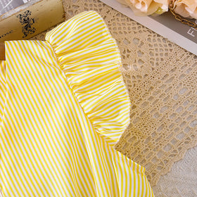 Girls Yellow Striped Flutter Sleeve Button-Down Fit & Flare Dress Casual Dresses