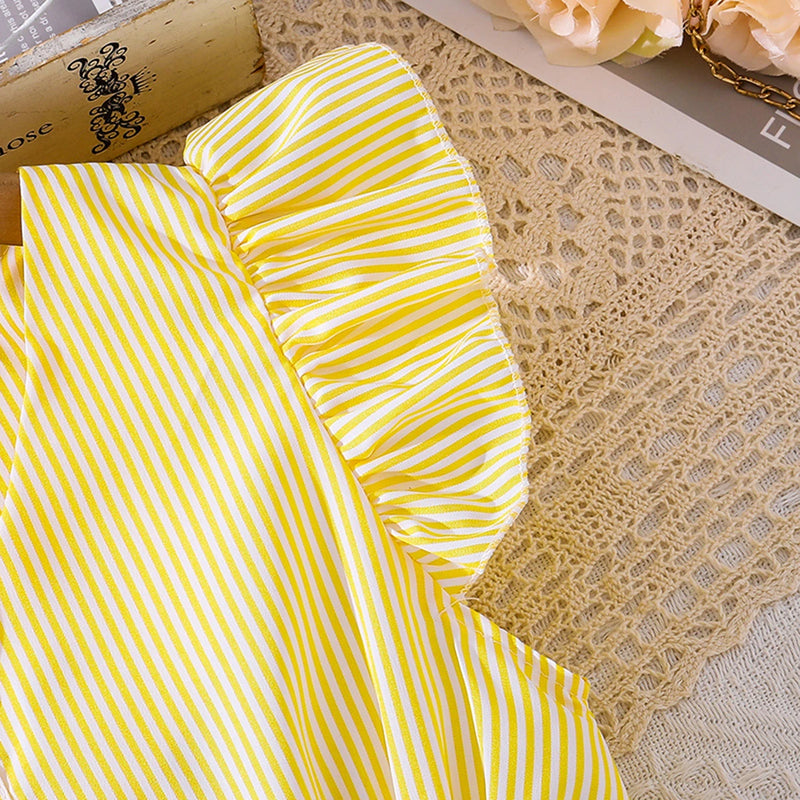 Girls Yellow Striped Flutter Sleeve Button-Down Fit & Flare Dress Casual Dresses