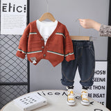 Boys Red Self-Design Cardigan With T-Shirt and Denim Pants set