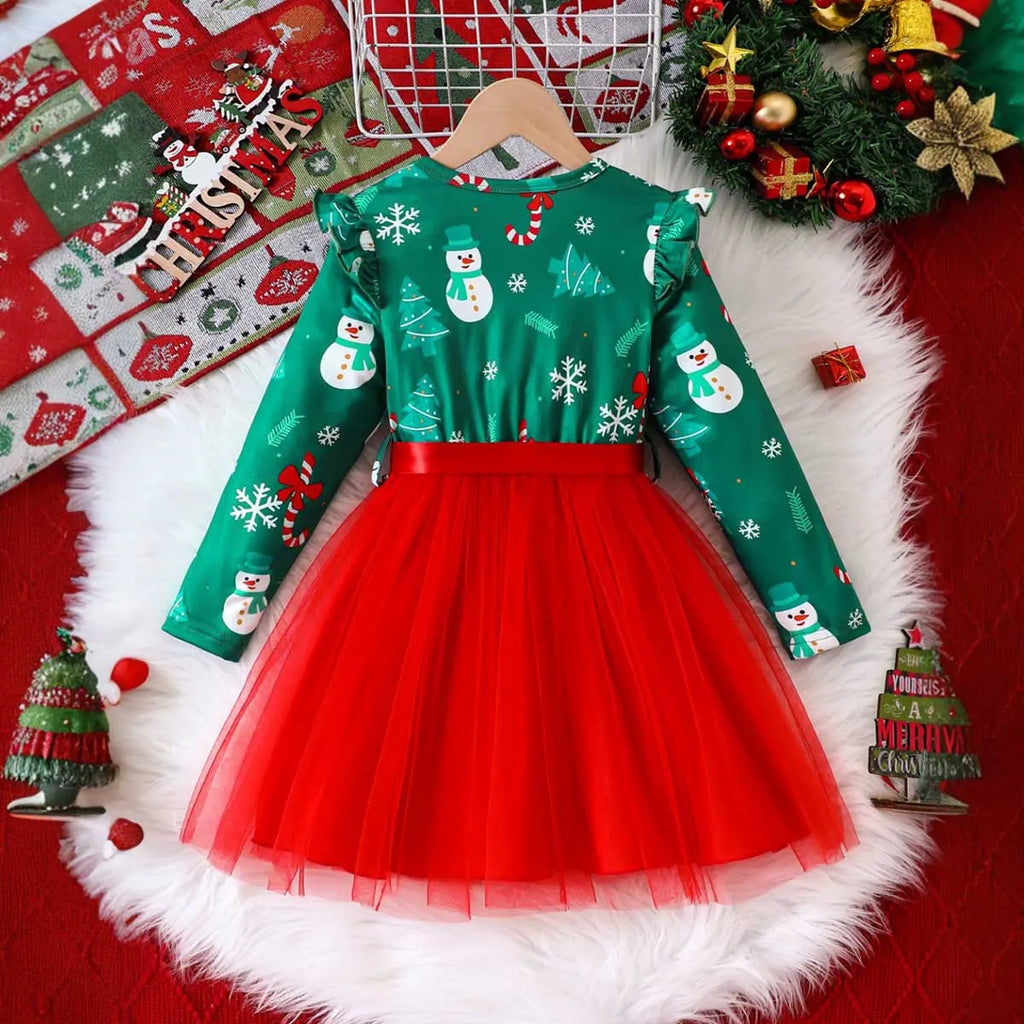 Girls Green Christmas Theme Printed Fit & Flare Dress Casual Dresses